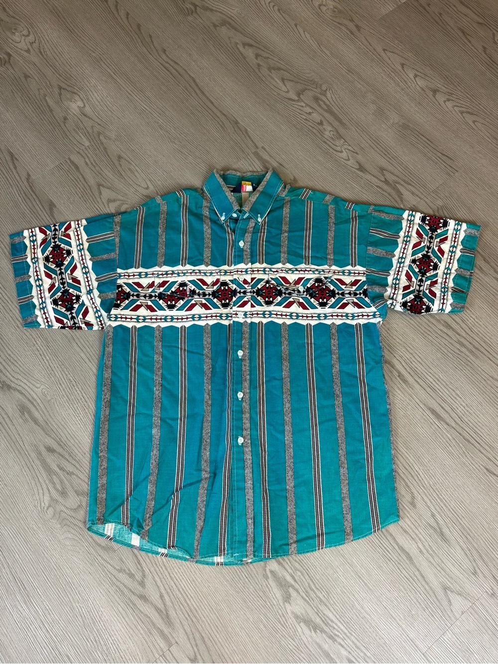 Panhandle Slim Teal Striped Button-Down with Aztec Chest Panel
